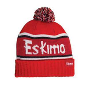 Eskimo Old School Knit Stocking Cap with Ball Ice Fishing Hat - Red/White, OneSizeFitsMost