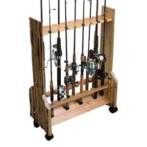 Rush Creek Creations Rustic Wood 16 Rod Double-Sided Rolling Rod Rack